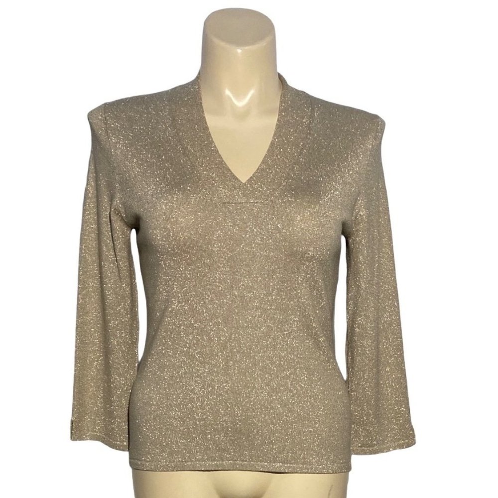 Cullen L Sweater Knit‎ Top Gold Metallic Beige Knit 3/4 Sl V Neck Trim Cozy Work